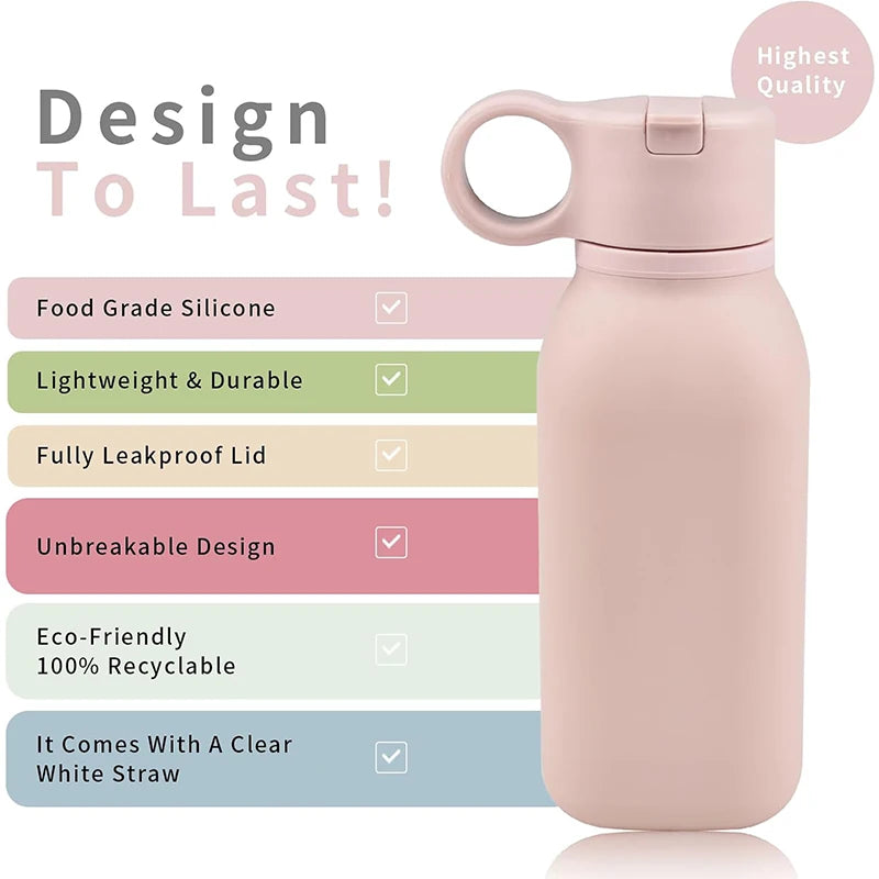 Food Grade Silicone Bottle With Straw Children Portable Reusable Plastic Cups Outdoor Travel Cold/Hot Water Drinking Bottle