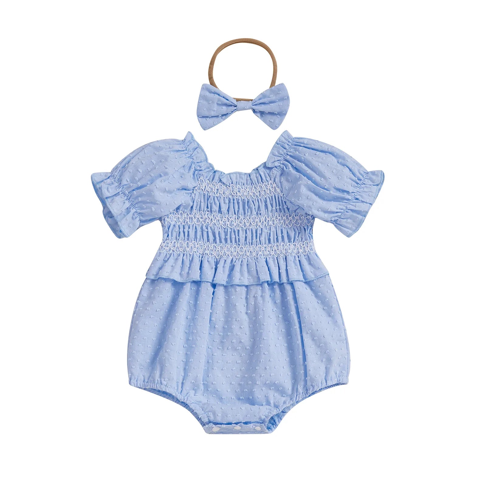 Baby Girls Summer Romper Short Sleeve Off Shoulder Ruched Jumpsuit with Headband