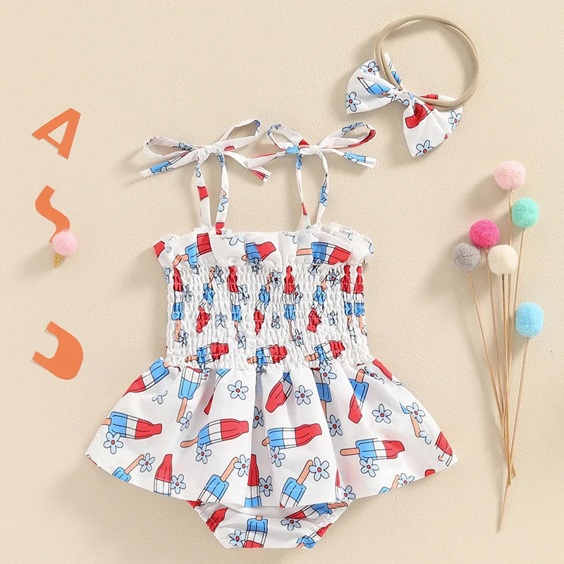 Baby Girl Summer Jumpsuit 4th of July Patriotic Romper Dress and Headband Set Cute Fashion Clothes Outfits