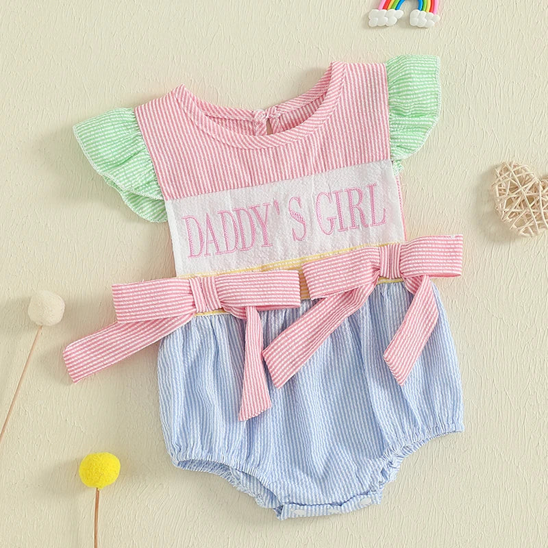 Infant Baby Girls Romper Fly Sleeve Crew Neck Striped Bows Embroidery Letters Infant Bodysuit Summer Clothes for Casual Daily