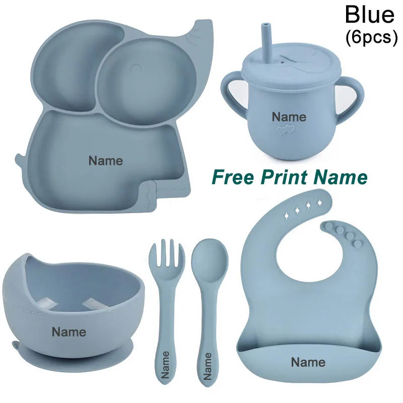 Silicone Baby Feeding Set Soft Silicone Sucker Plate Bowl Elephant Plate Personalized Name Feeding Bib Apron Children's Dishes