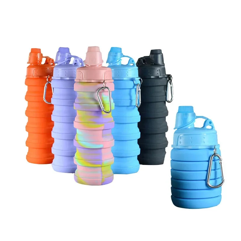 500ML Portable Retractable Silicone Bottle Folding Water Bottle Outdoor Travel Drinking Cup with Carabiner Collapsible Cup