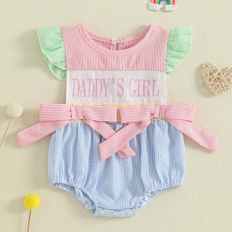 Infant Baby Girls Romper Fly Sleeve Crew Neck Striped Bows Embroidery Letters Infant Bodysuit Summer Clothes for Casual Daily