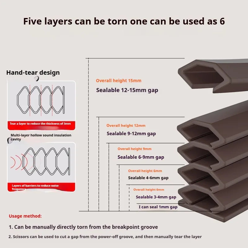 6M Tearable Weather Strip Anti-theft Door Multi-layer Windproof Dust-proof Self-adhesive Sound Insulation Window Gap Seal Strip