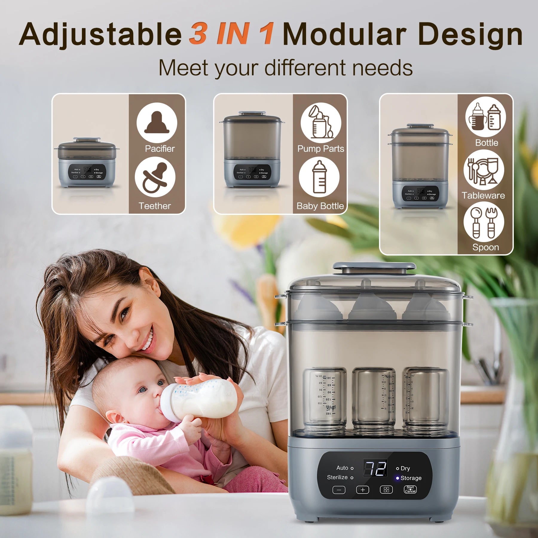 4-in-1 72H Storage, 30-Min Dry, 6 Bottles + Accessories,99.99% Germ-Free Baby Bottle Sterilizer & Dryer
