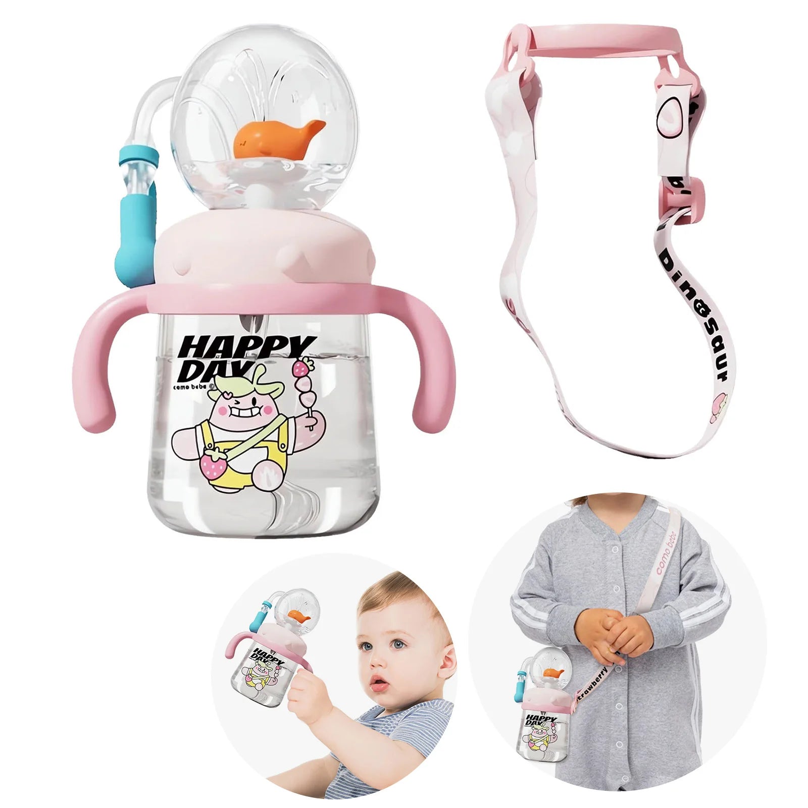 Children'S Water Cup Children'S Weighted Straw Cup Cute Water Bottle With Lid And Straw Leak Proof Handle And Adjustable Strap