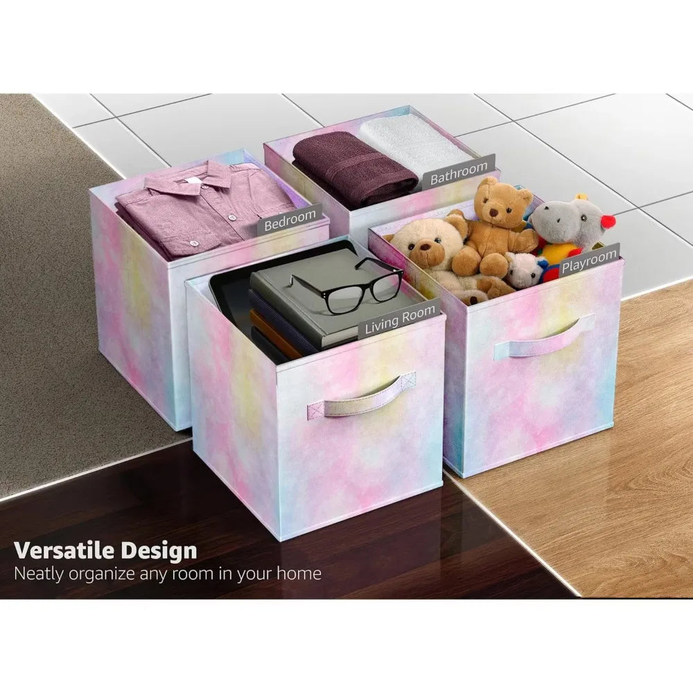 6 Foldable Tie Dye Fabric Storage Bins for Organizing Cubbies, Toy Box - Clothes Storage & Closet Organizer - 11 Inch Baskets