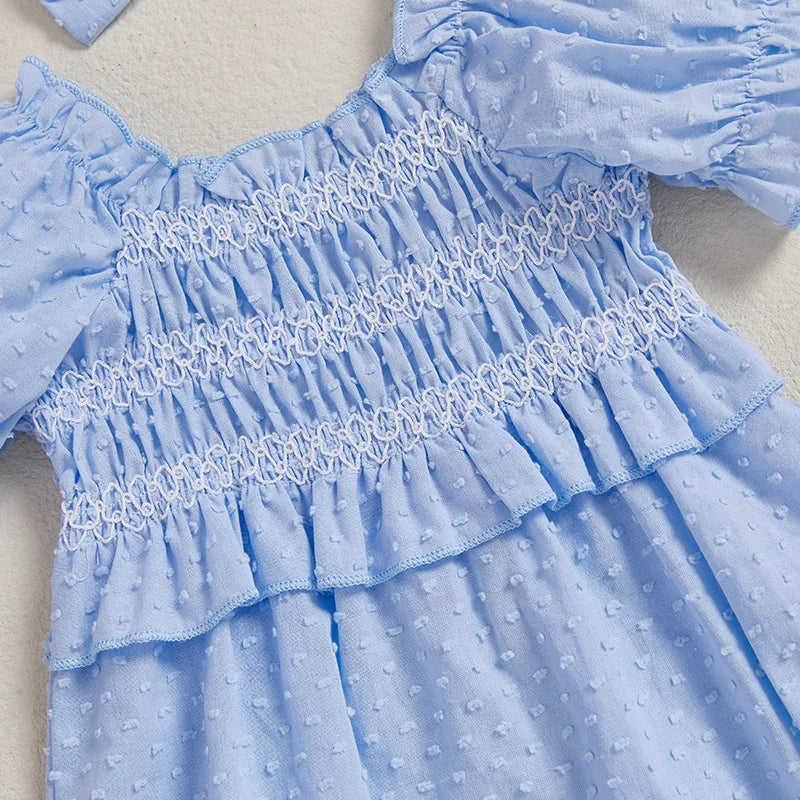 Baby Girls Summer Romper Short Sleeve Off Shoulder Ruched Jumpsuit with Headband