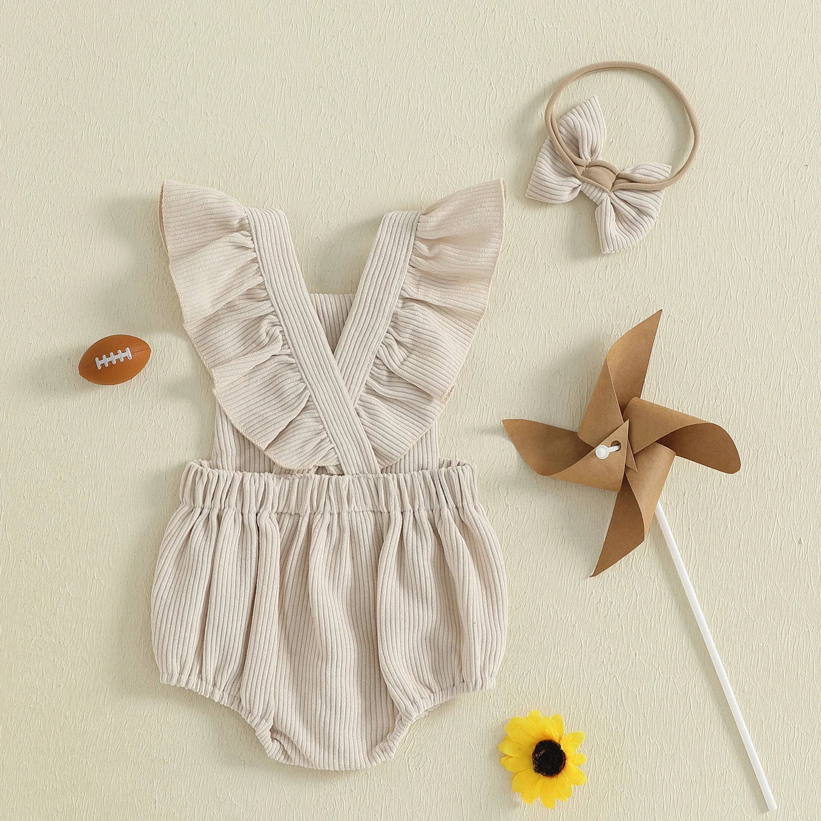 Baby Girl Fall Outfits Ruffle Sleeveless Football Embroidery Romper with Headband Set Newborn Clothes