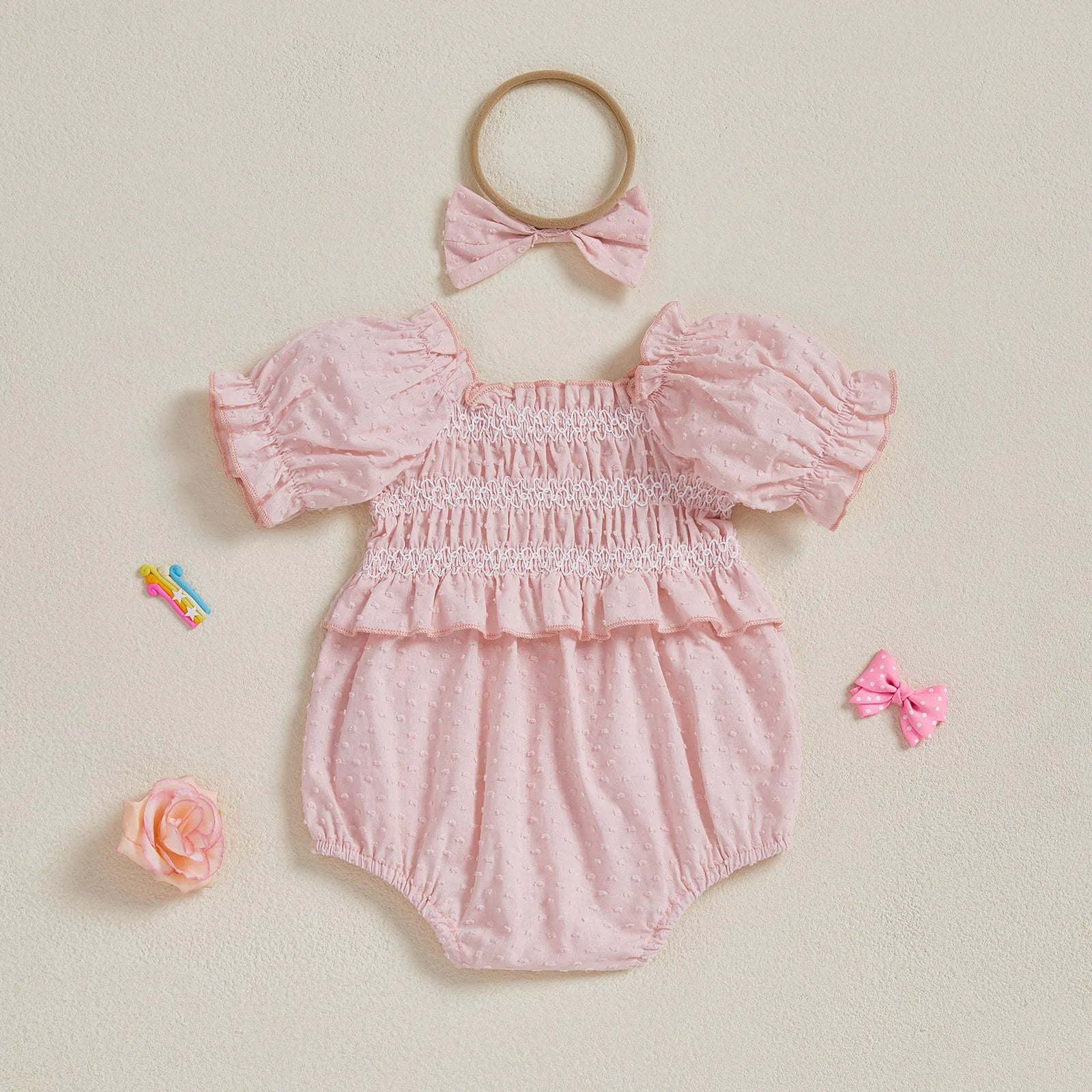 Baby Girls Summer Romper Short Sleeve Off Shoulder Ruched Jumpsuit with Headband