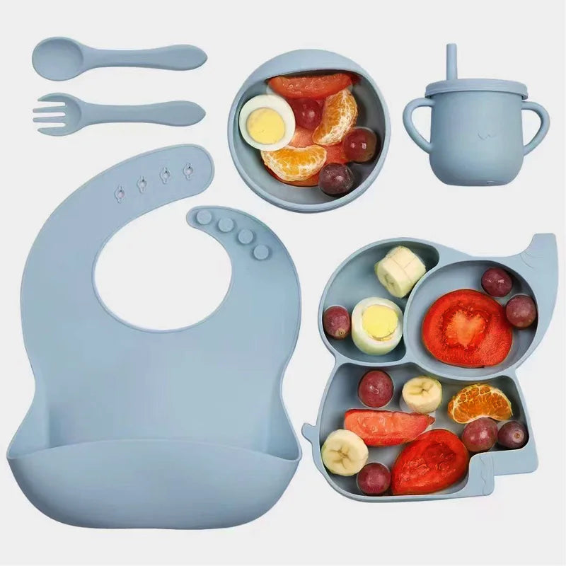 Silicone Baby Feeding Set Soft Silicone Sucker Plate Bowl Elephant Plate Personalized Name Feeding Bib Apron Children's Dishes