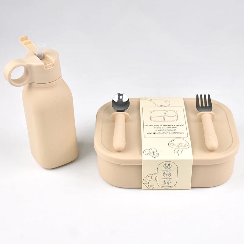 4PC/Set Silicone Bento Box Straw Water Bottle Leak-Proof Lunch Container Fork Spoon With Packaging Card BPA-Free Dishwasher Safe