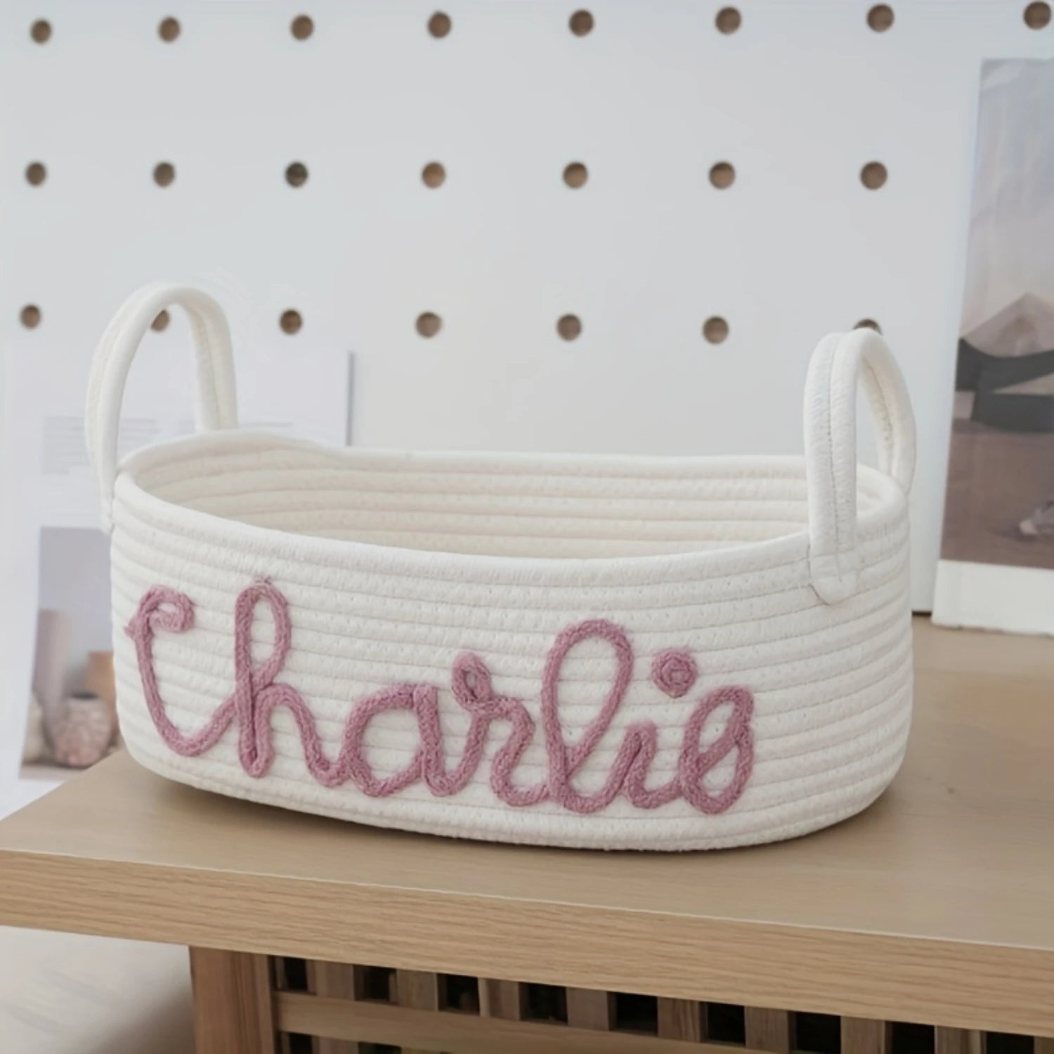 Personalized Cotton Rope Diaper Basket - Chic Storage for Baby Essentials, with Convenient Handles, Ideal for Changing Table.
