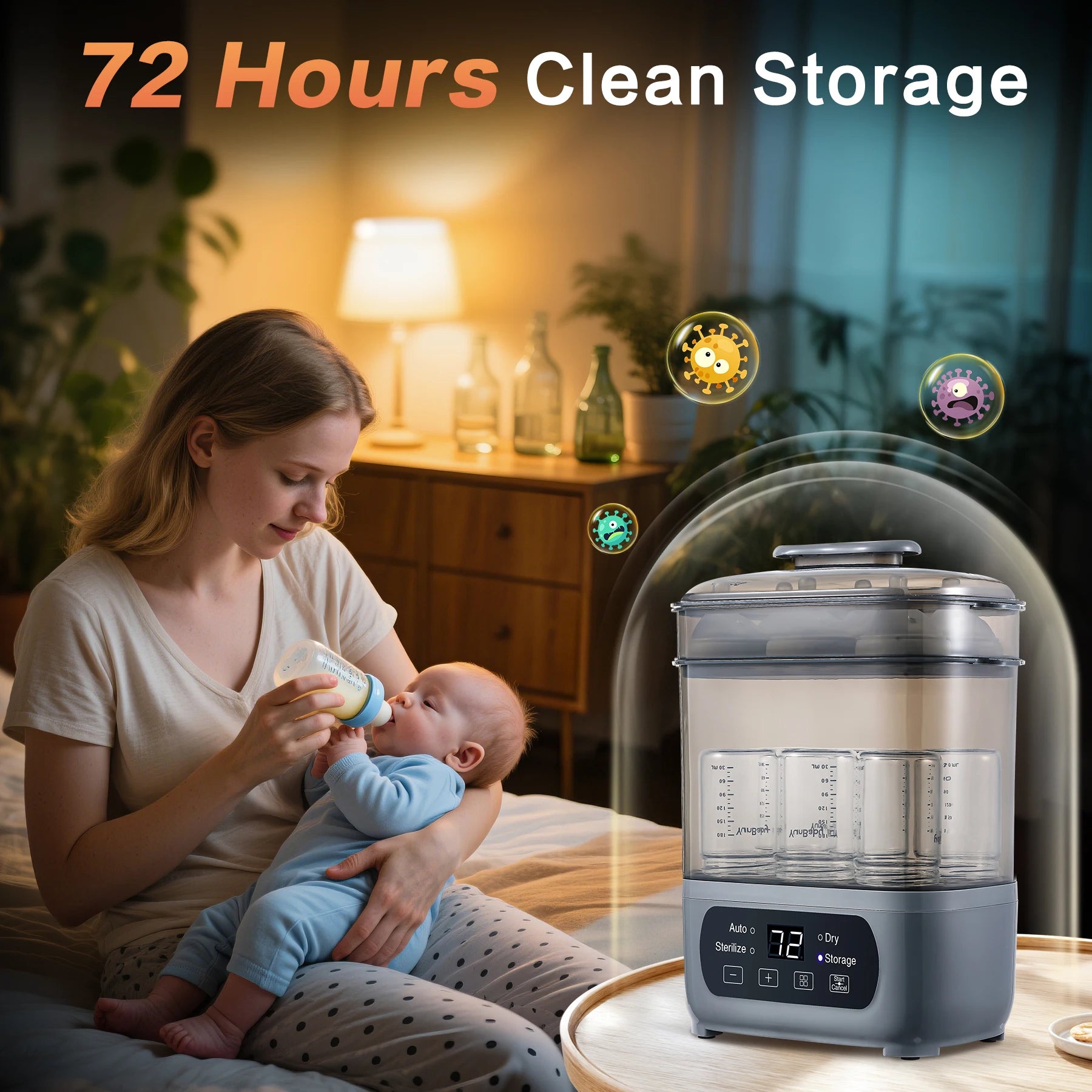 4-in-1 72H Storage, 30-Min Dry, 6 Bottles + Accessories,99.99% Germ-Free Baby Bottle Sterilizer & Dryer