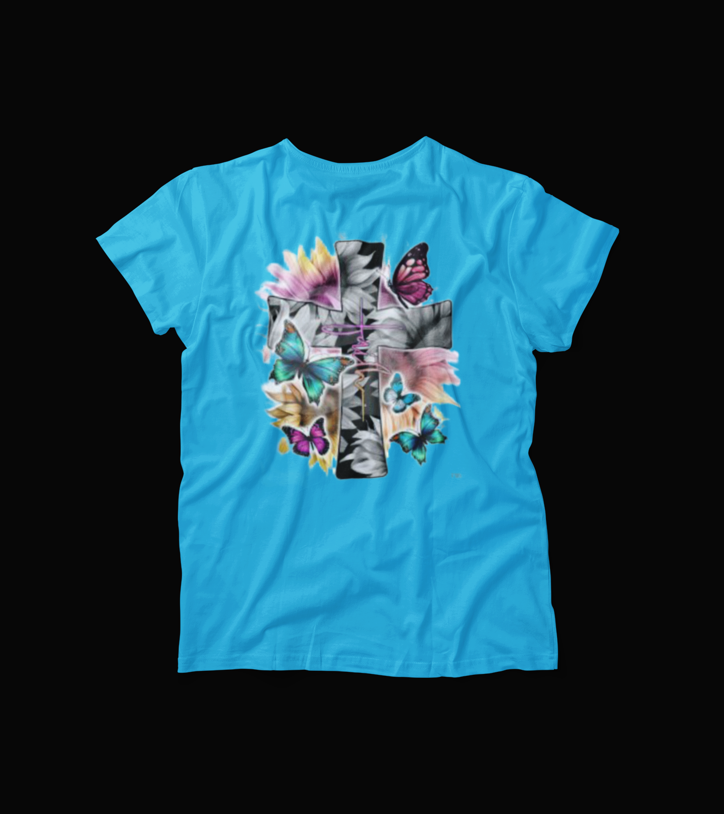 Faith and Butterflies T-Shirt – Christian Cross Graphic Tee – Colorful Floral Religious Shirt for Women – Inspirational Faith Shirt – Blue Spring Tee