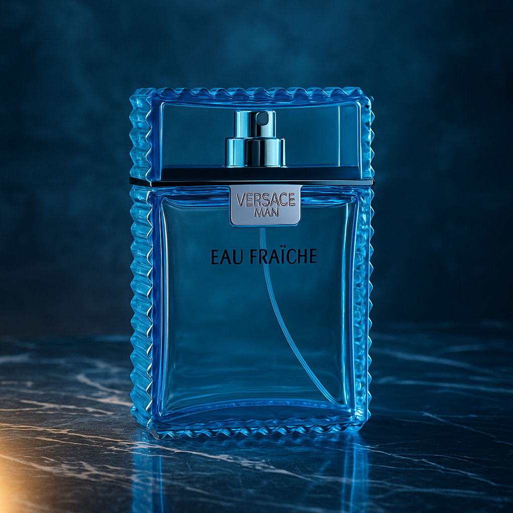 Versace Man Eau Fraîche – Fresh Aquatic Woody Men’s Cologne in Blue Crystal Bottle