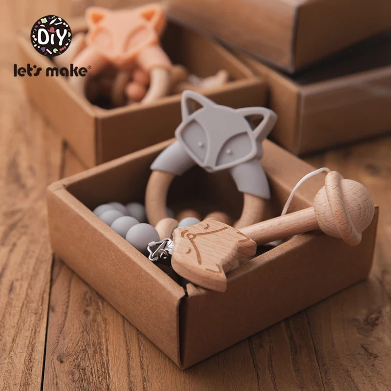 Let's Make 3pcs/set Baby's Beech Silicagel Rattle Suit Fox Teether Food Grade Free BPA Baby Toys Gift Products Kids With Box