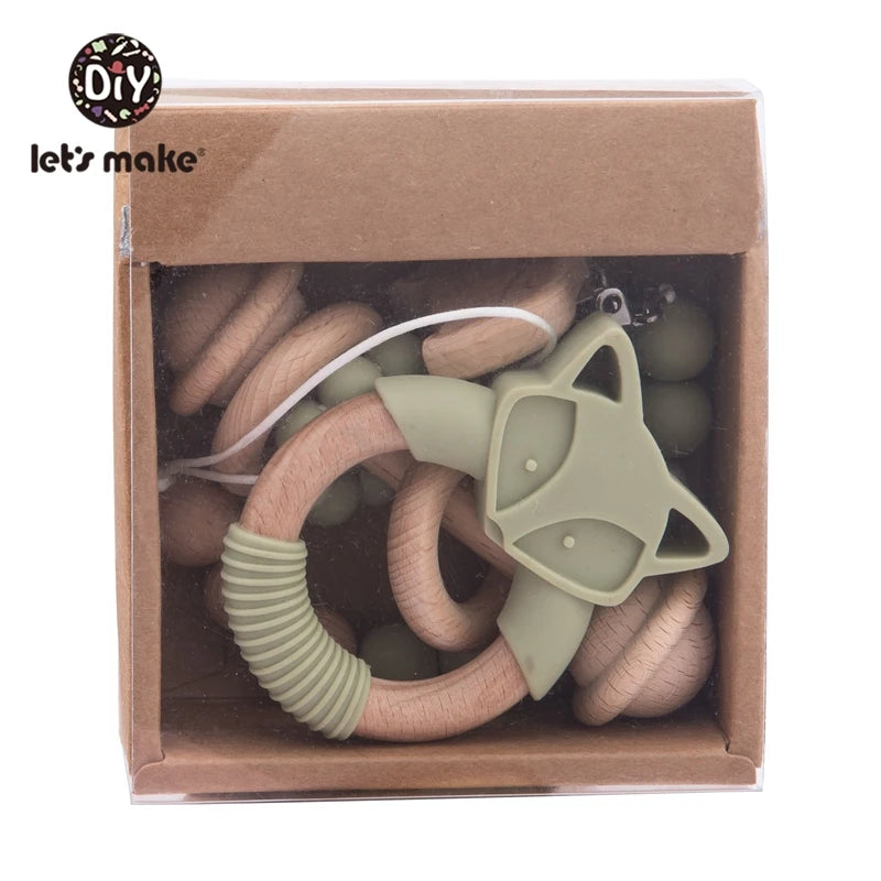Let's Make 3pcs/set Baby's Beech Silicagel Rattle Suit Fox Teether Food Grade Free BPA Baby Toys Gift Products Kids With Box