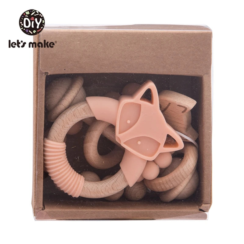 Let's Make 3pcs/set Baby's Beech Silicagel Rattle Suit Fox Teether Food Grade Free BPA Baby Toys Gift Products Kids With Box