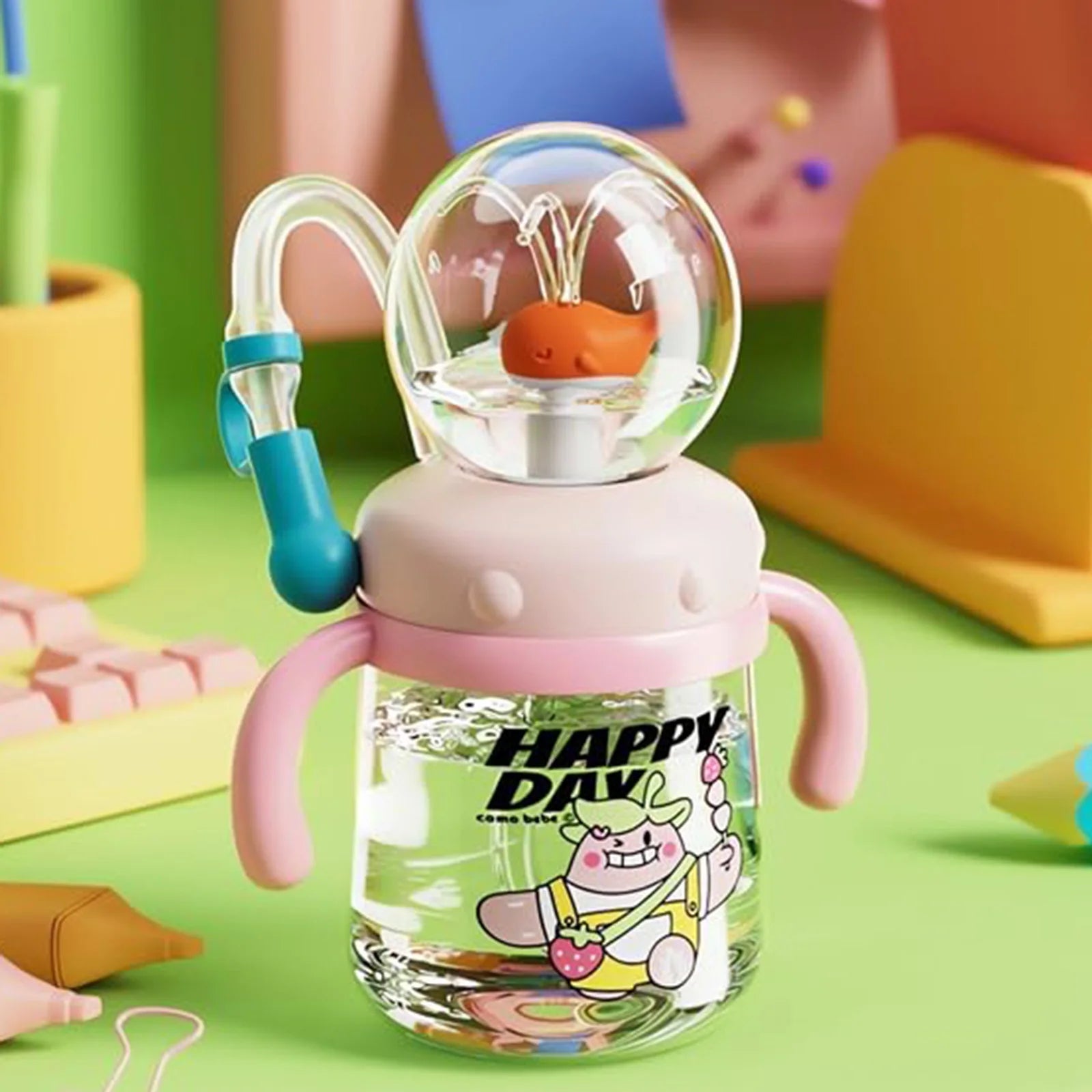 Children'S Water Cup Children'S Weighted Straw Cup Cute Water Bottle With Lid And Straw Leak Proof Handle And Adjustable Strap