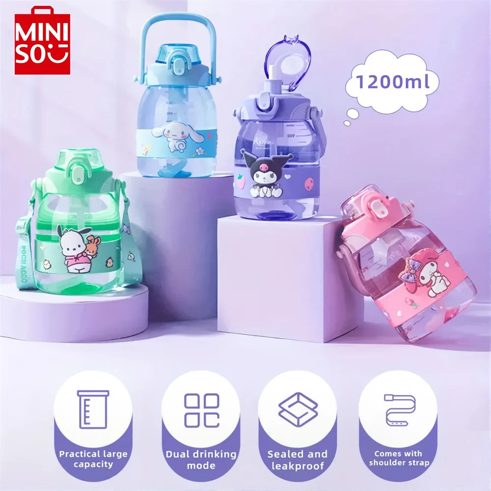 1200ML MINISO Sanrios Anime Cinnamoroll Pochacco Kuromi Tritan Material Water Bottle Cup Large Capacity Plastic Straw Cups