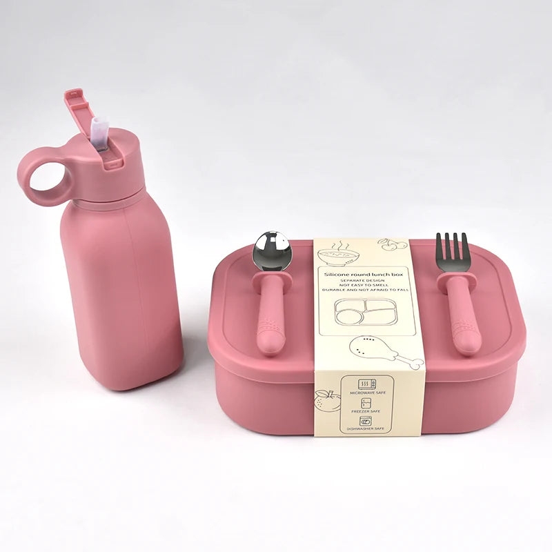 4PC/Set Silicone Bento Box Straw Water Bottle Leak-Proof Lunch Container Fork Spoon With Packaging Card BPA-Free Dishwasher Safe