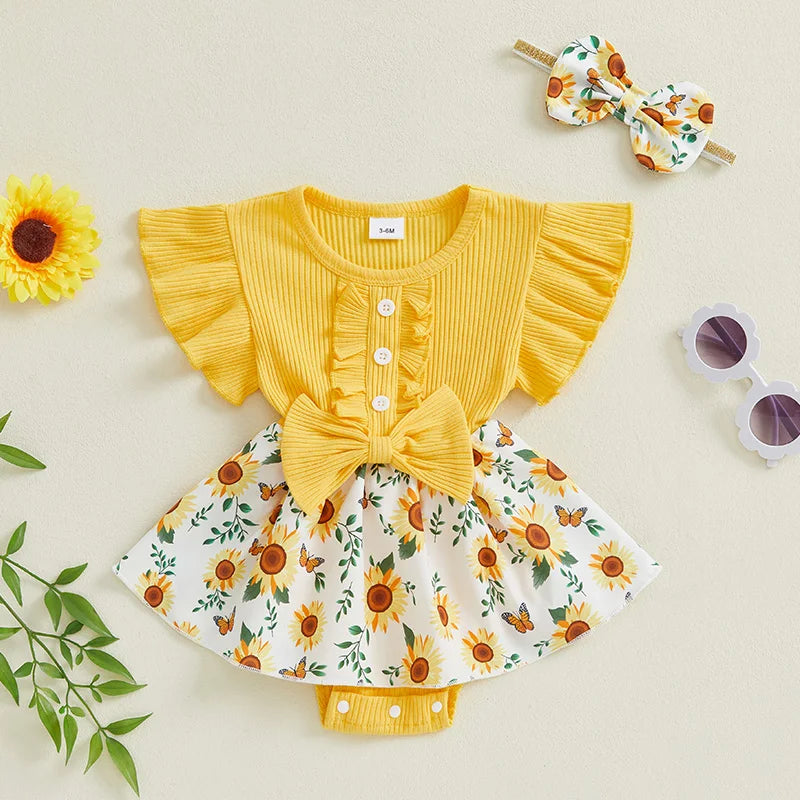 Infant Baby Girl Summer Outfit Sunflower  Print Ruffled Flying Sleeve Crew Neck Romper Dress and Bow Headband 2 Pcs Set