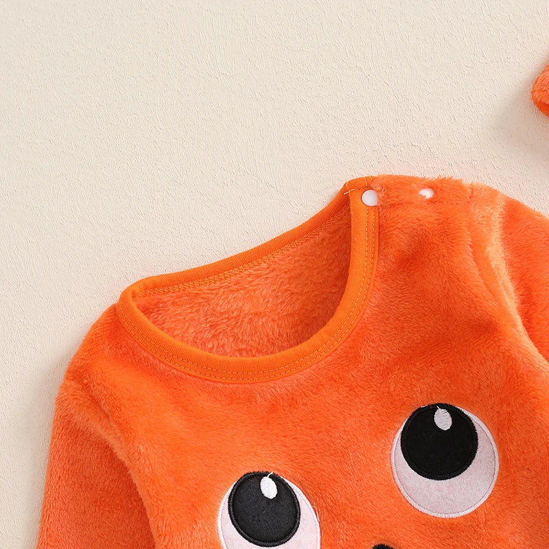 Toddler Boys Spooky Halloween Costume Set with Pumpkin Print Romper Long Sleeve Crew Neck Jumpsuit and Matching Hat