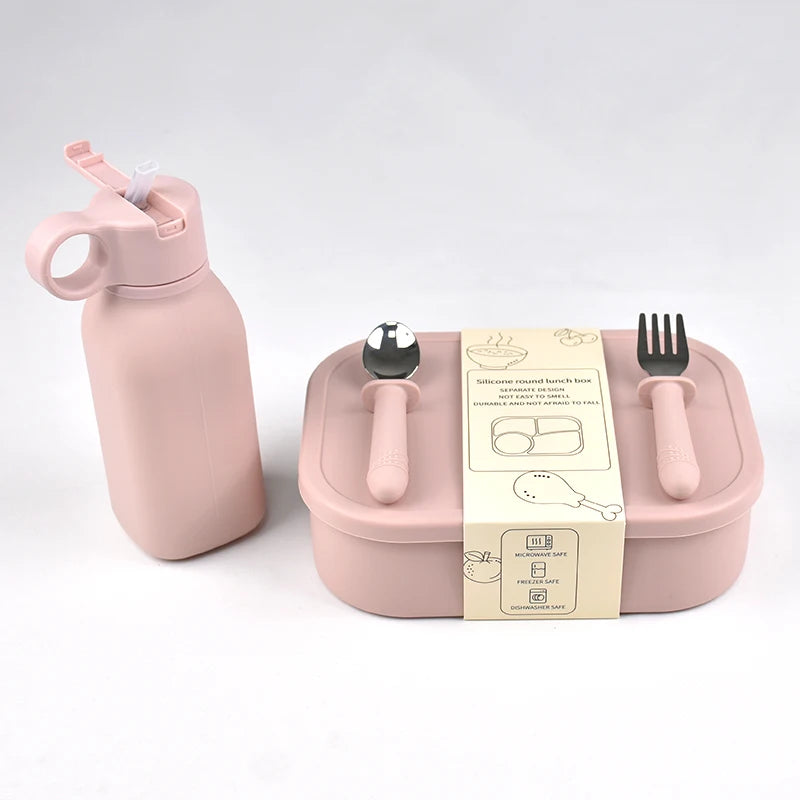 4PC/Set Silicone Bento Box Straw Water Bottle Leak-Proof Lunch Container Fork Spoon With Packaging Card BPA-Free Dishwasher Safe