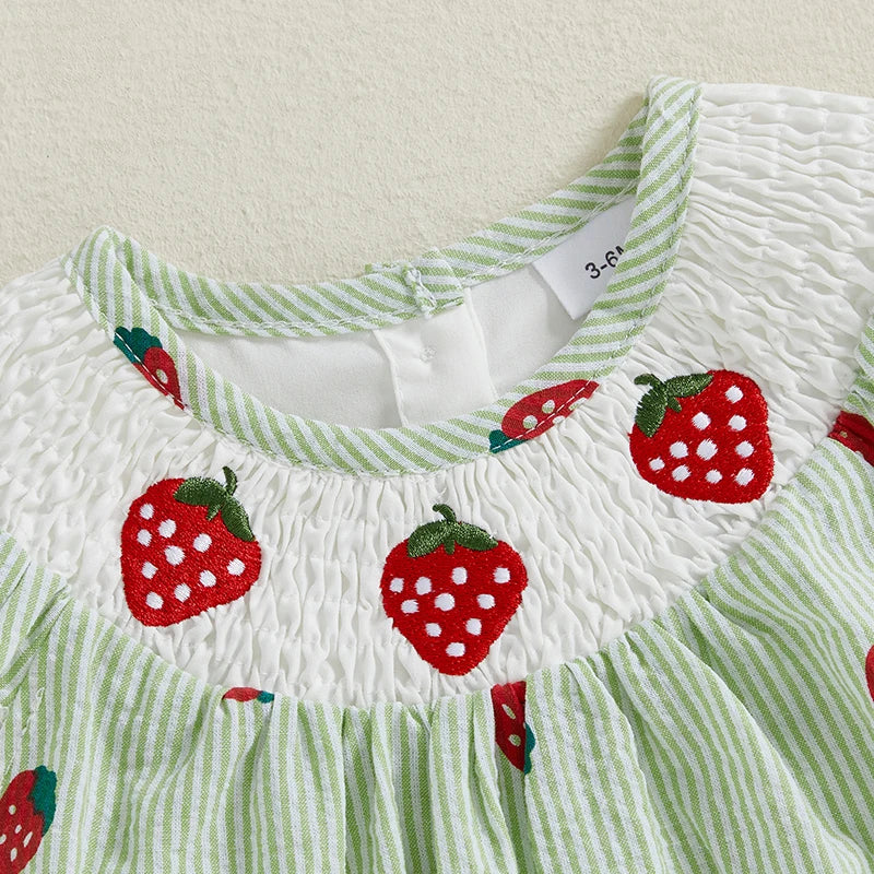 Infant Baby Girl Summer Romper Casual Strawberry Striped Print Fly Sleeves Jumpsuit for Newborn Toddler Cute Clothes