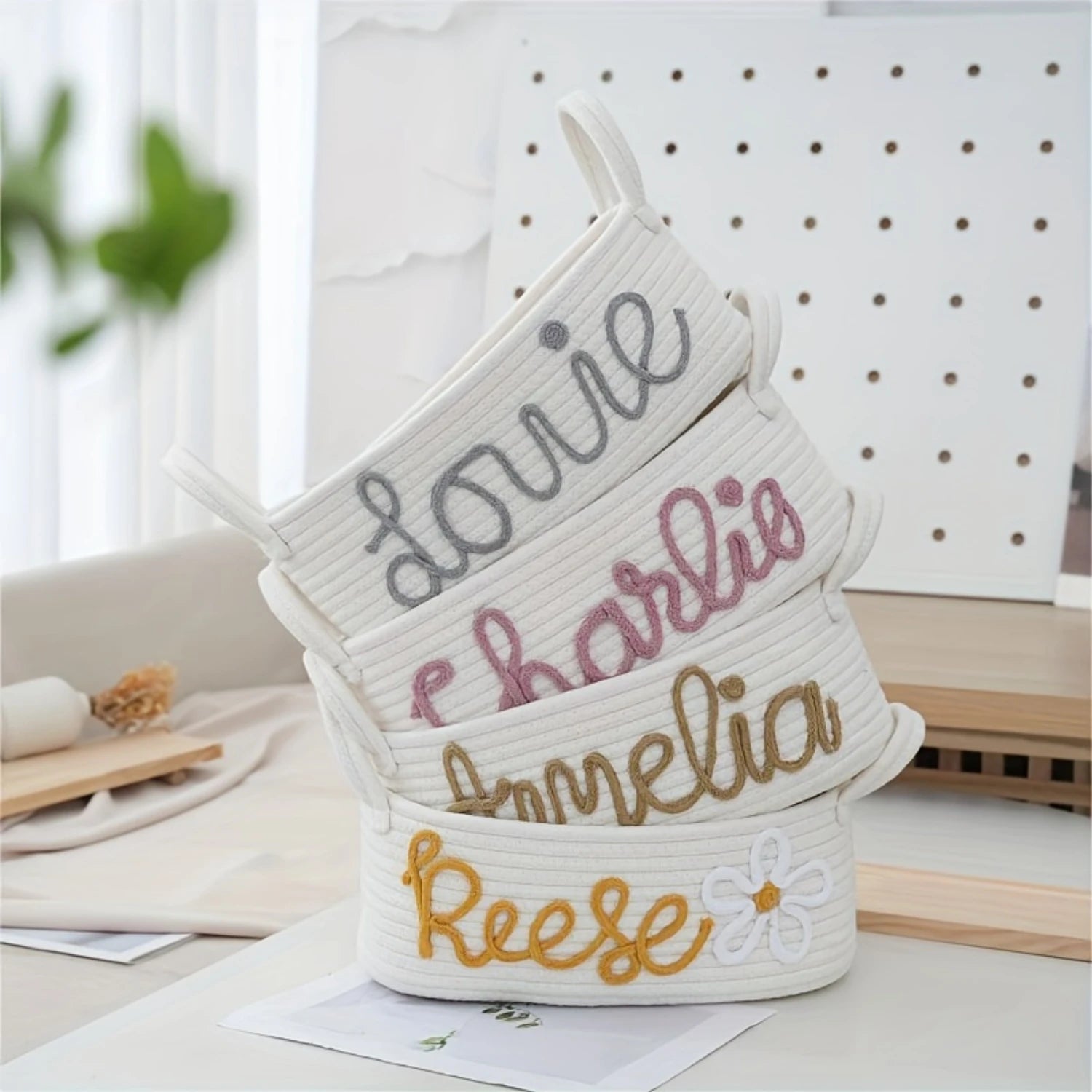 Personalized Cotton Rope Diaper Basket - Chic Storage for Baby Essentials, with Convenient Handles, Ideal for Changing Table.