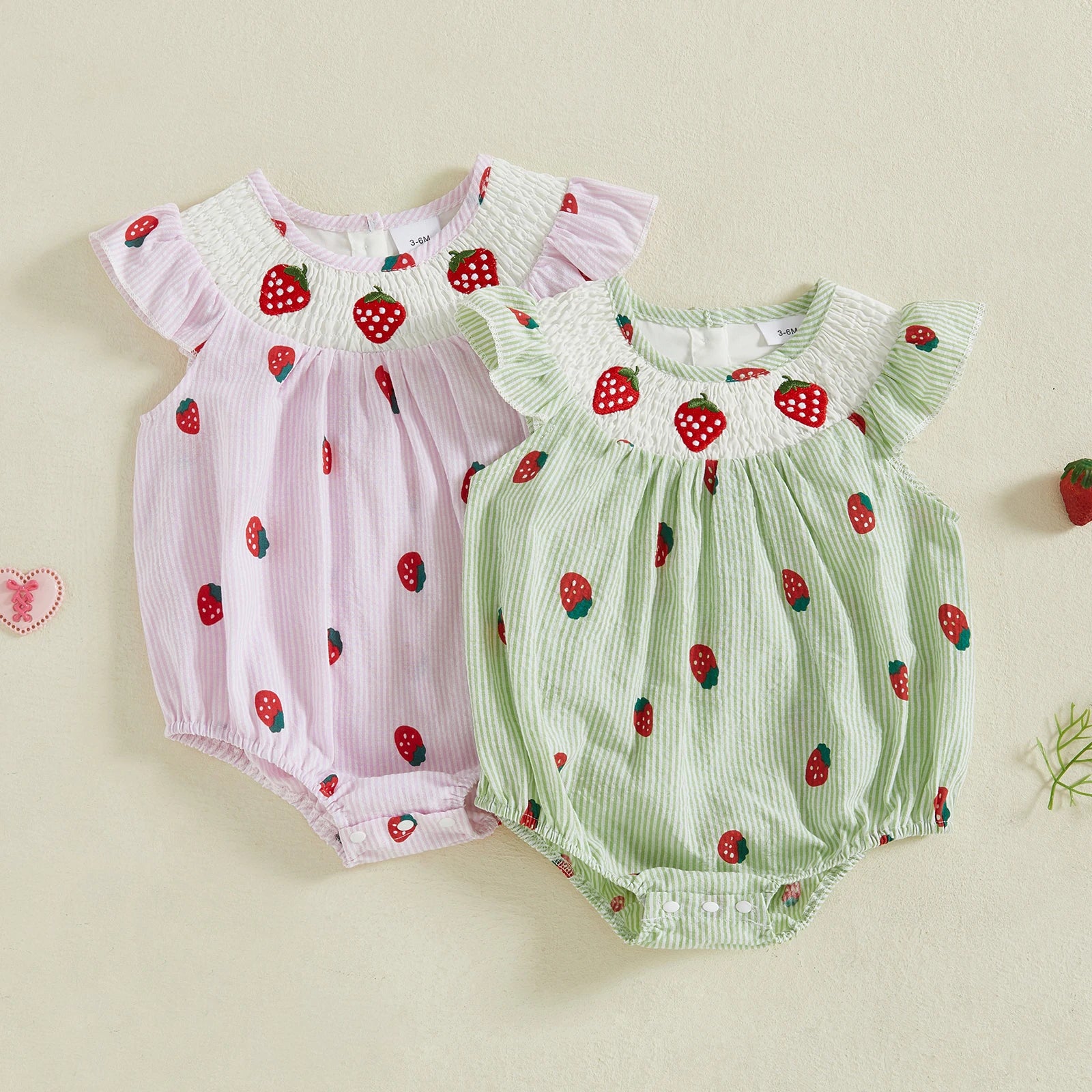 Infant Baby Girl Summer Romper Casual Strawberry Striped Print Fly Sleeves Jumpsuit for Newborn Toddler Cute Clothes