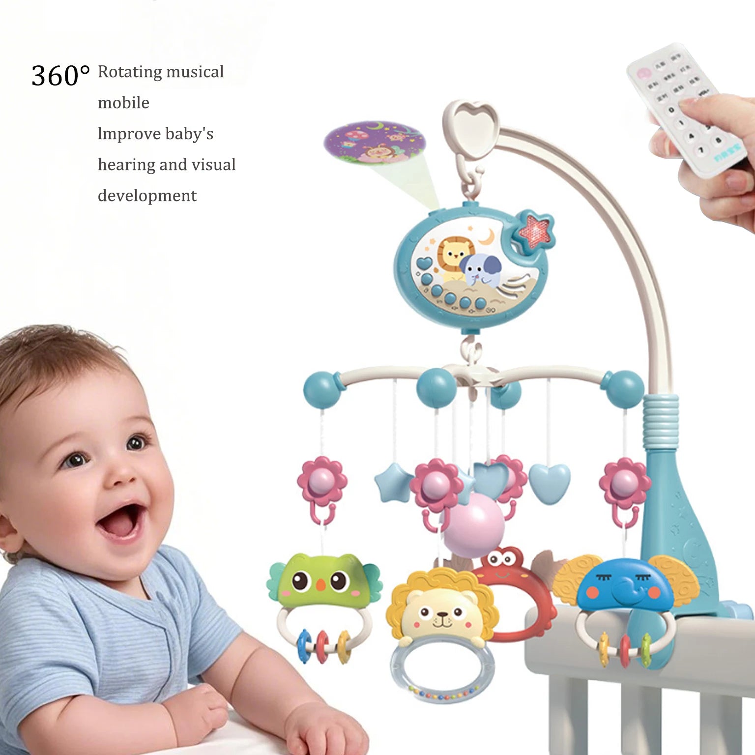 BabyCrib Mobile with Lights Music Projection for Infants 0-6-12 Months Remote Control Crib Toys for Newborn Baby Mobile for Crib