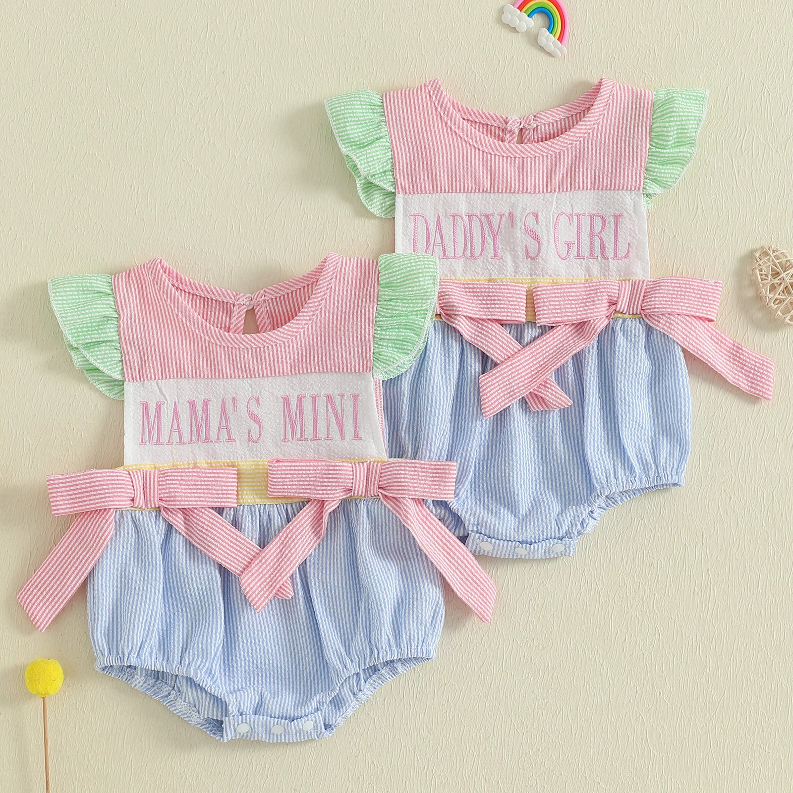 Infant Baby Girls Romper Fly Sleeve Crew Neck Striped Bows Embroidery Letters Infant Bodysuit Summer Clothes for Casual Daily