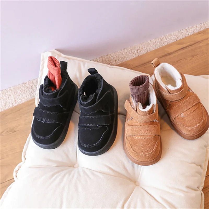 2024 New Winter Baby Shoes Leather Double Hook&Loop Toddler Boys Boots Soft Sole Non-slip Fashion Little Kids Girls Snow Boots