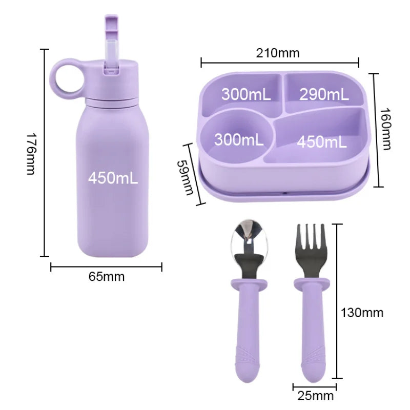4PC/Set Silicone Bento Box Straw Water Bottle Leak-Proof Lunch Container Fork Spoon With Packaging Card BPA-Free Dishwasher Safe