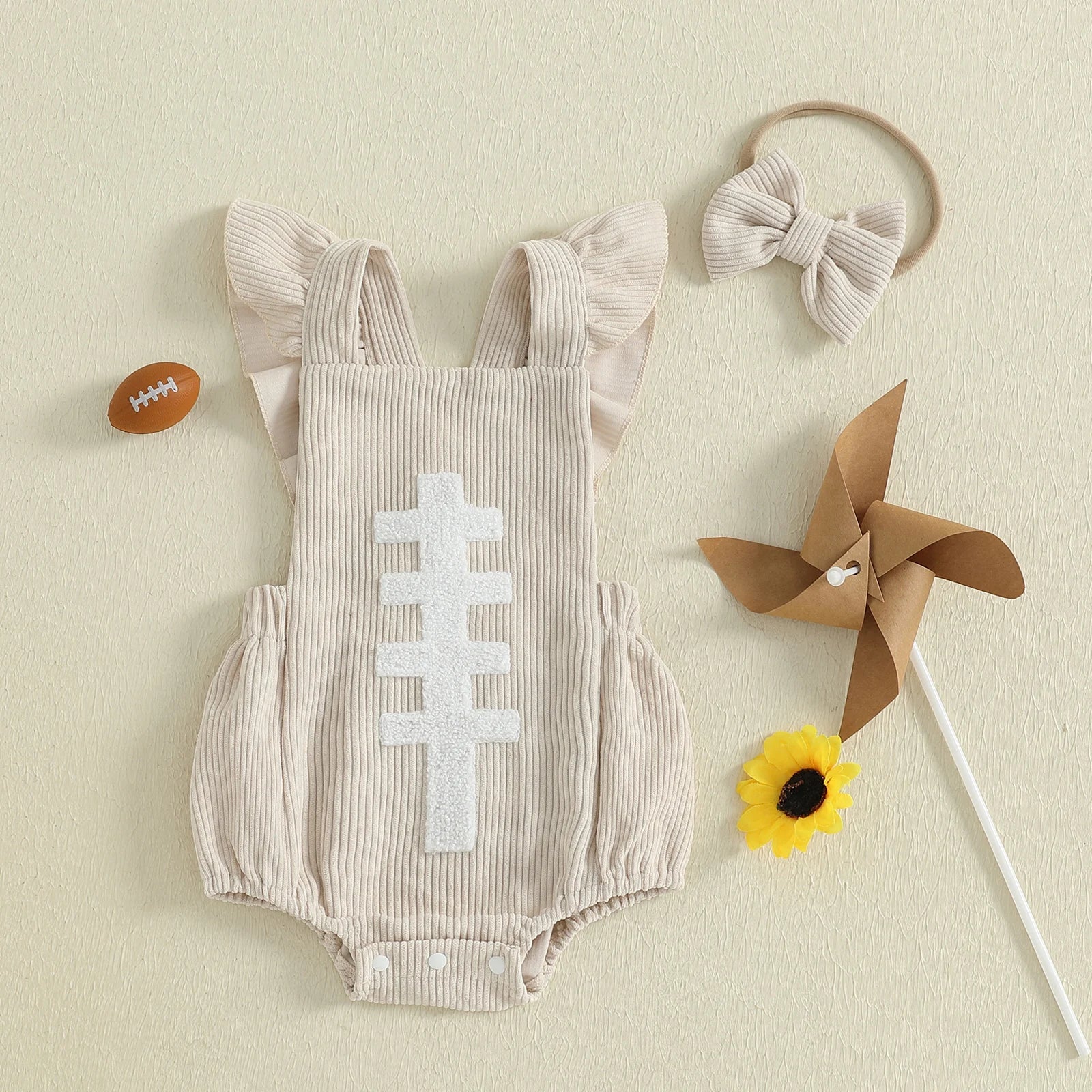 Baby Girl Fall Outfits Ruffle Sleeveless Football Embroidery Romper with Headband Set Newborn Clothes