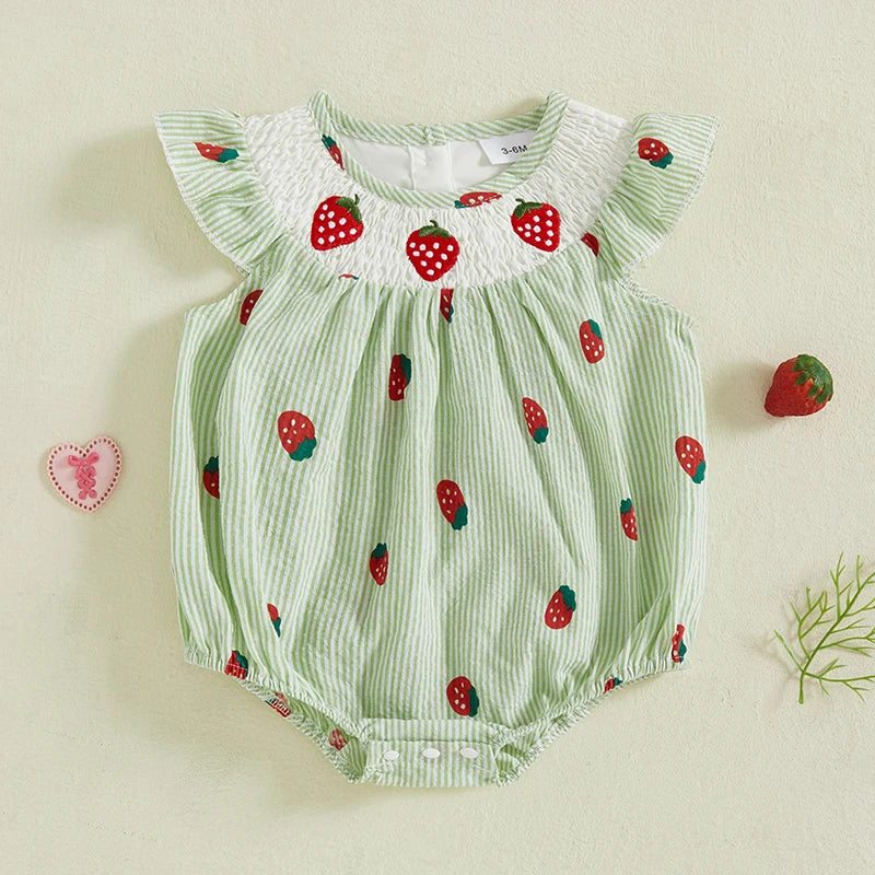 Infant Baby Girl Summer Romper Casual Strawberry Striped Print Fly Sleeves Jumpsuit for Newborn Toddler Cute Clothes