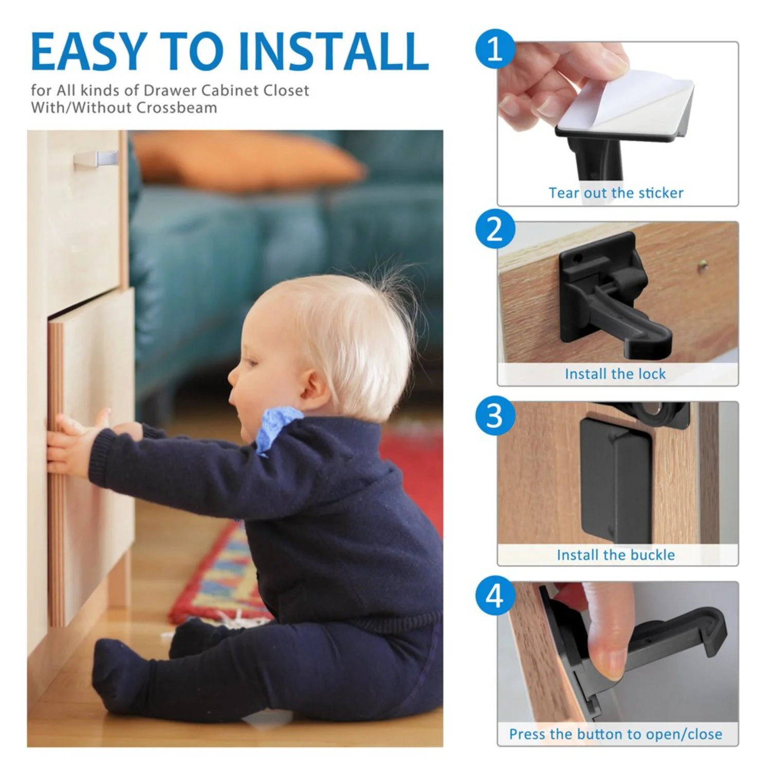 NEWCE 10 Pack Invisible Baby Proof Drawer Cabinet Locks Latches - Easy Installation, No Drill, Tools or Keys Required, Child