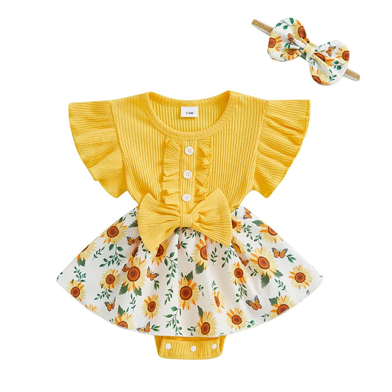 Infant Baby Girl Summer Outfit Sunflower  Print Ruffled Flying Sleeve Crew Neck Romper Dress and Bow Headband 2 Pcs Set