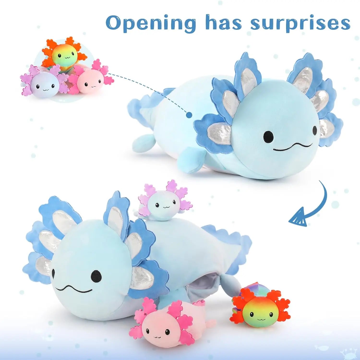 MaoGoLan Giant Axolotl Plush with 3 Baby Axolotl Inside - 23.5" Soft Stuffed Animal Throw Pillow - Blue