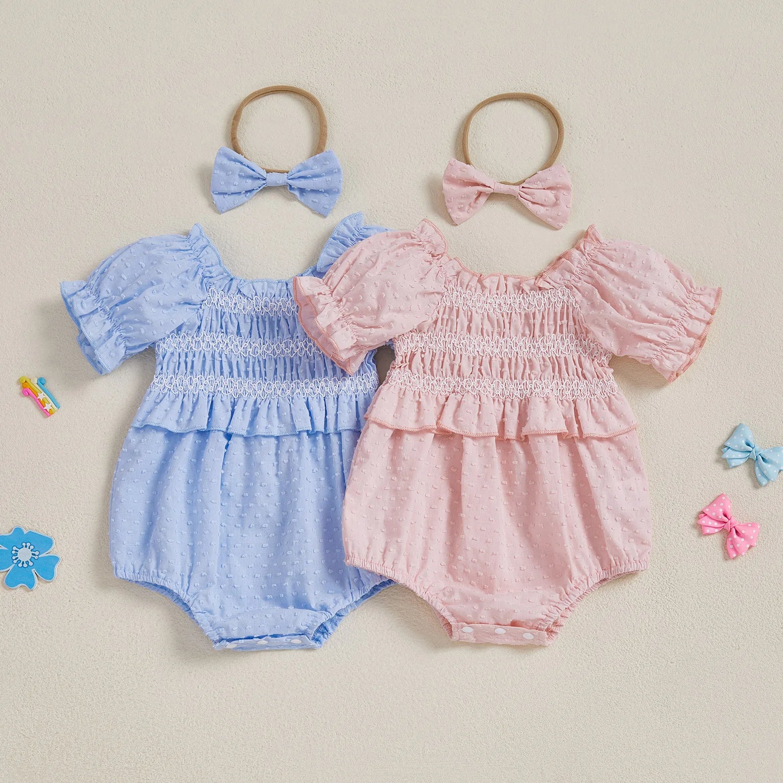 Baby Girls Summer Romper Short Sleeve Off Shoulder Ruched Jumpsuit with Headband