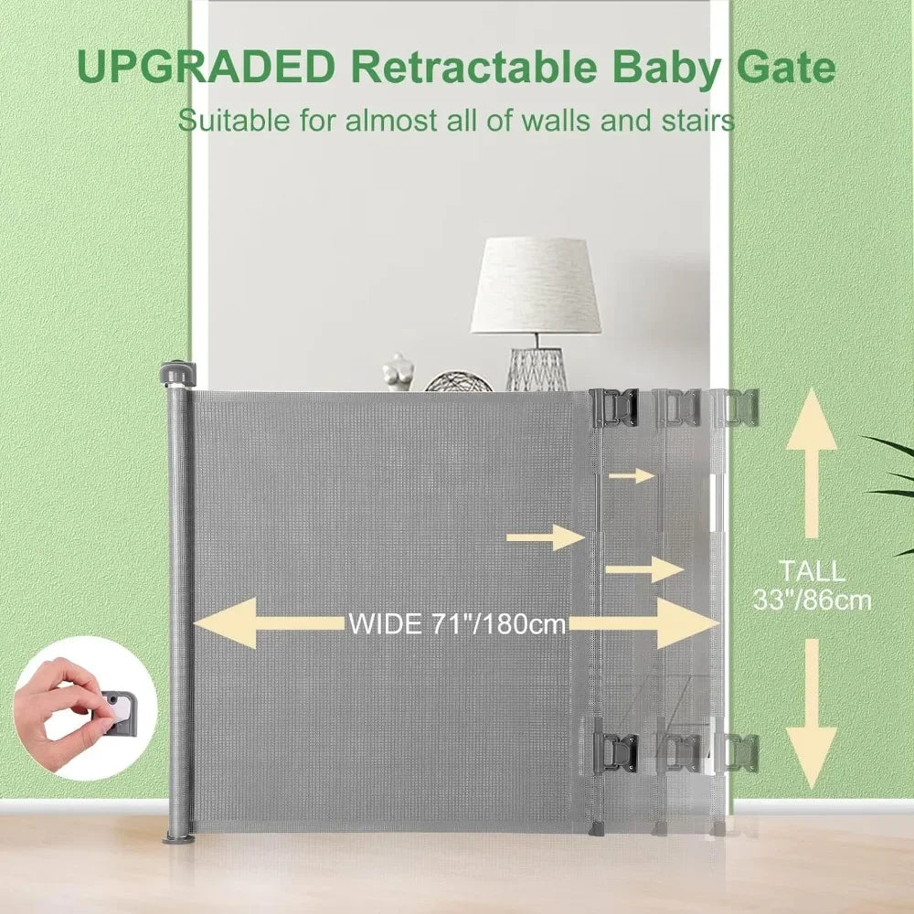 Retractable Baby Gate, Extra Wide Safety Kids or Pets Gate, 33” Tall, Extends to 71” Wide, Mesh Safety Dog Gate for Stairs,