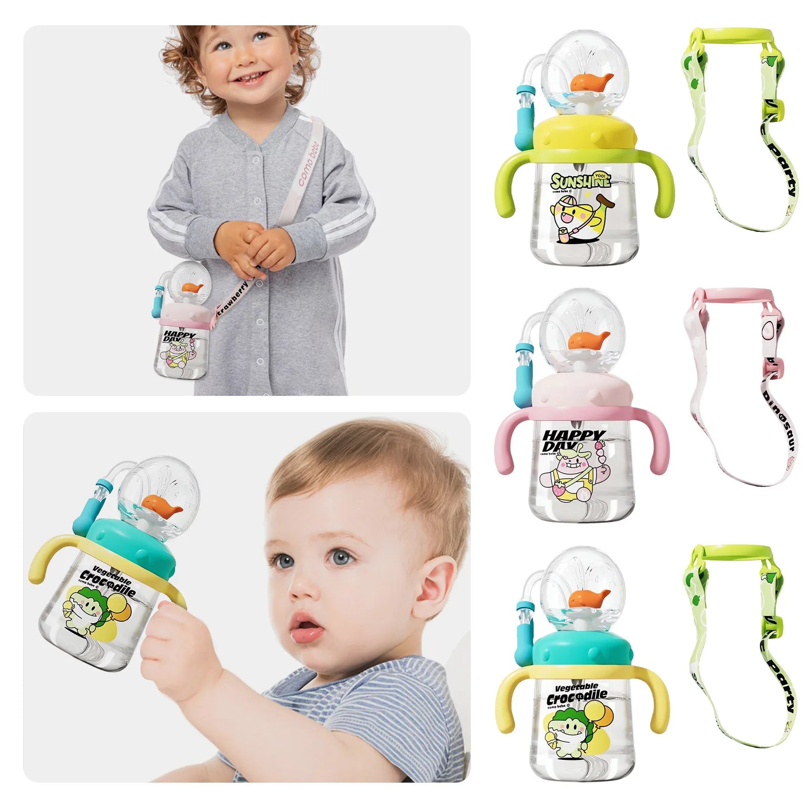 Children'S Water Cup Children'S Weighted Straw Cup Cute Water Bottle With Lid And Straw Leak Proof Handle And Adjustable Strap