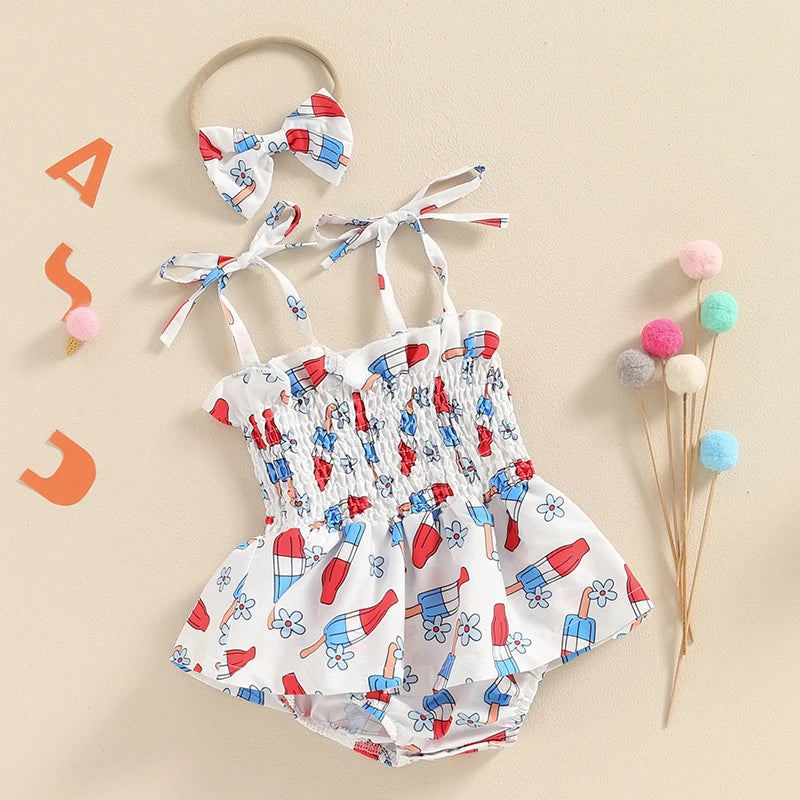 Baby Girl Summer Jumpsuit 4th of July Patriotic Romper Dress and Headband Set Cute Fashion Clothes Outfits