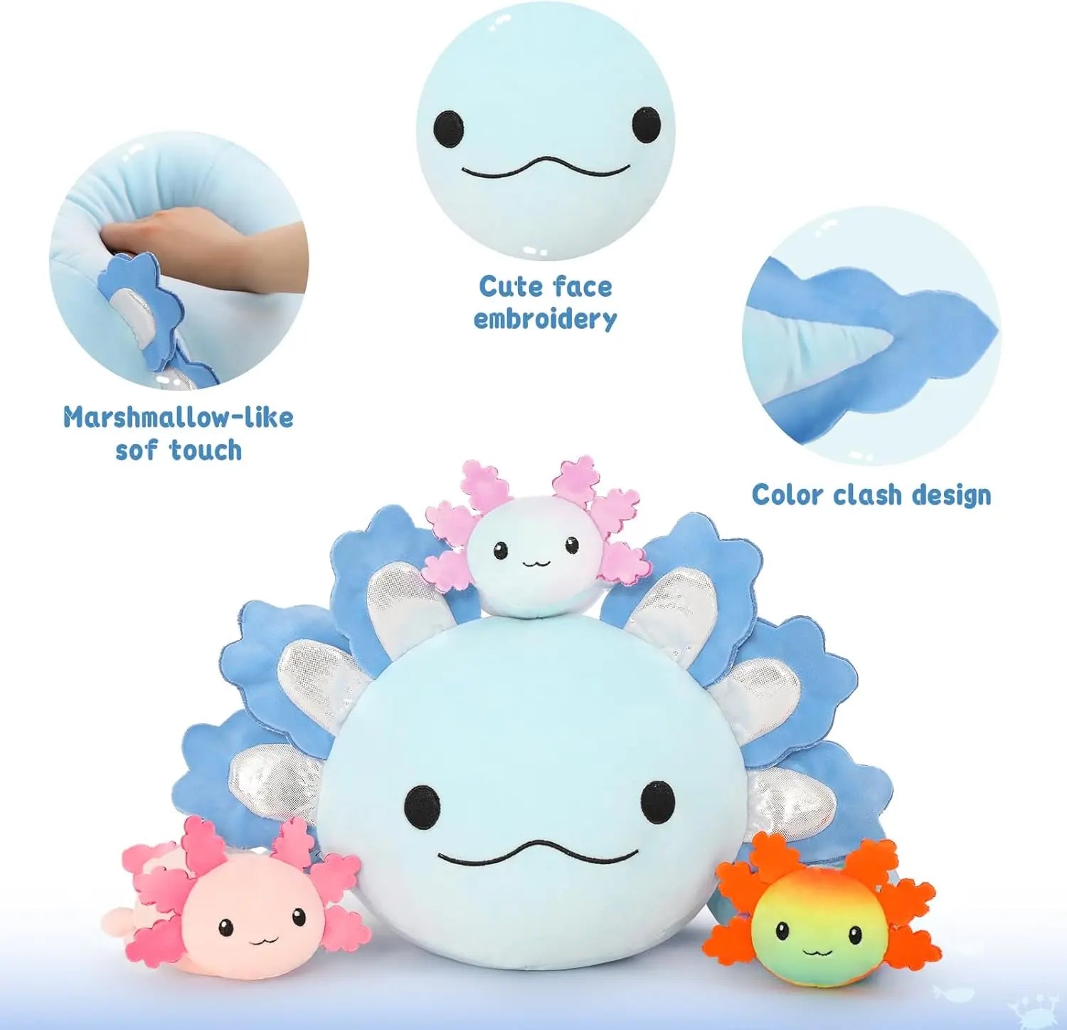 MaoGoLan Giant Axolotl Plush with 3 Baby Axolotl Inside - 23.5" Soft Stuffed Animal Throw Pillow - Blue