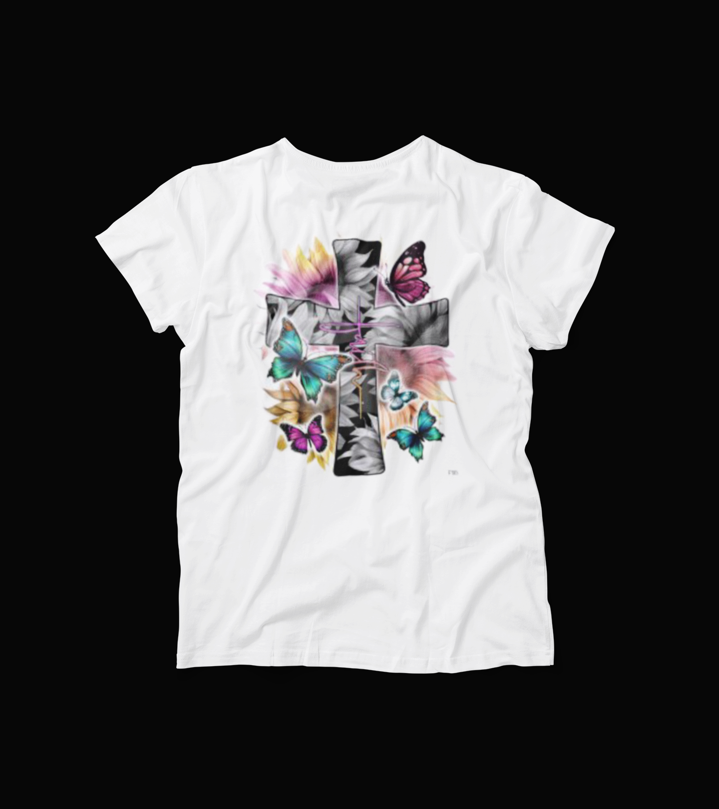 Faith and Butterflies T-Shirt – Christian Cross Graphic Tee – Colorful Floral Religious Shirt for Women – Inspirational Faith Shirt – Blue Spring Tee