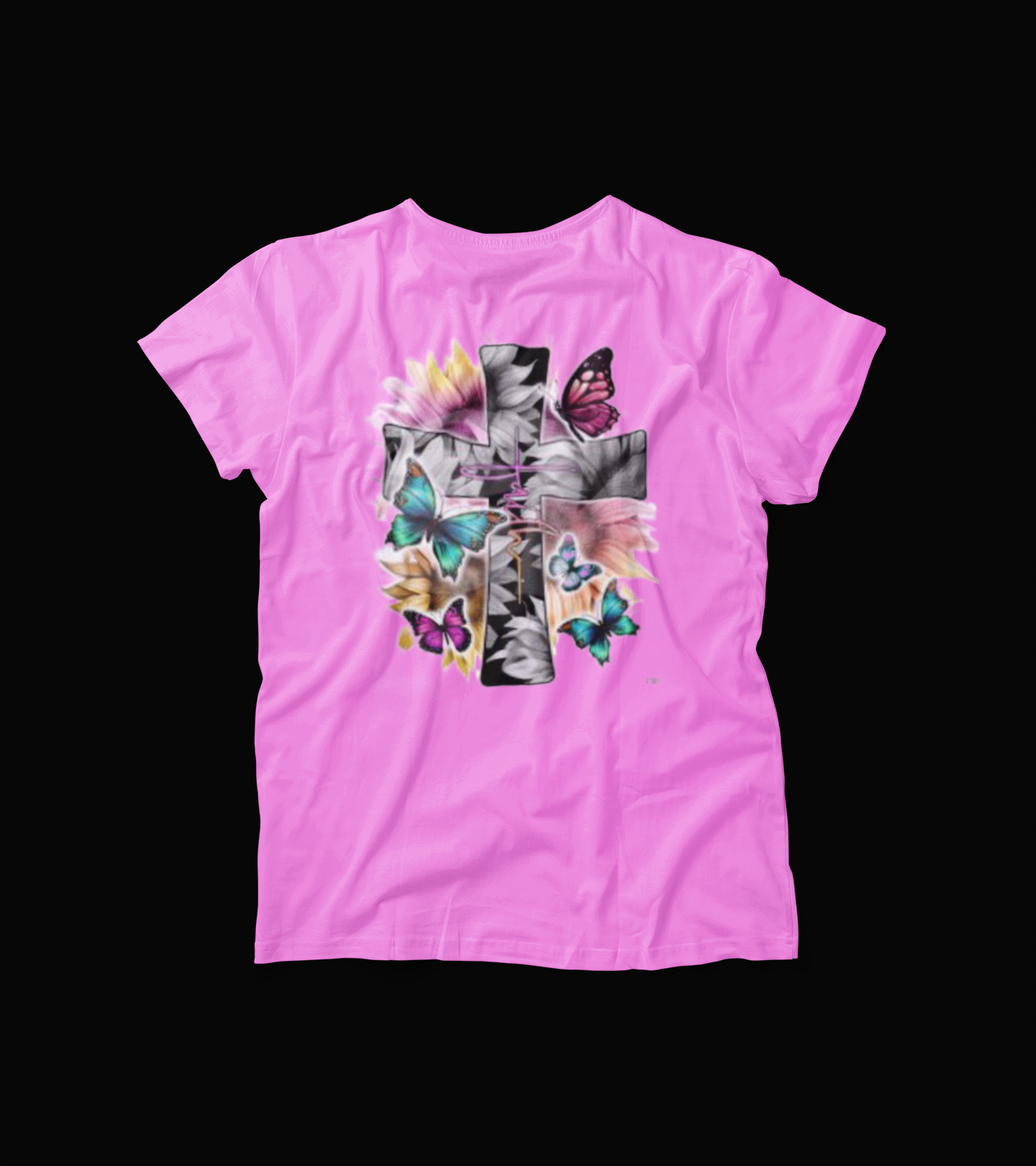 Faith and Butterflies T-Shirt – Christian Cross Graphic Tee – Colorful Floral Religious Shirt for Women – Inspirational Faith Shirt – Blue Spring Tee