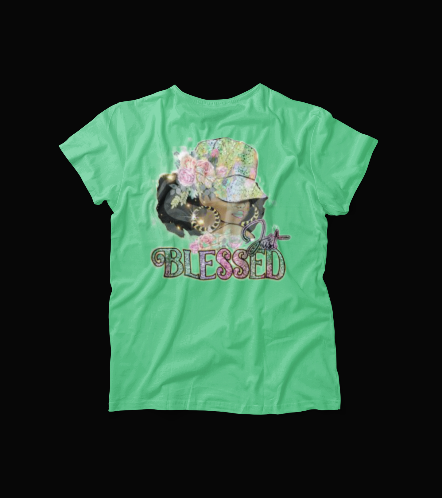 Just Blessed T-Shirt – Glitter Floral Afro Girl Graphic Tee – Faith Fashion Shirt for Women – Christian Urban Apparel